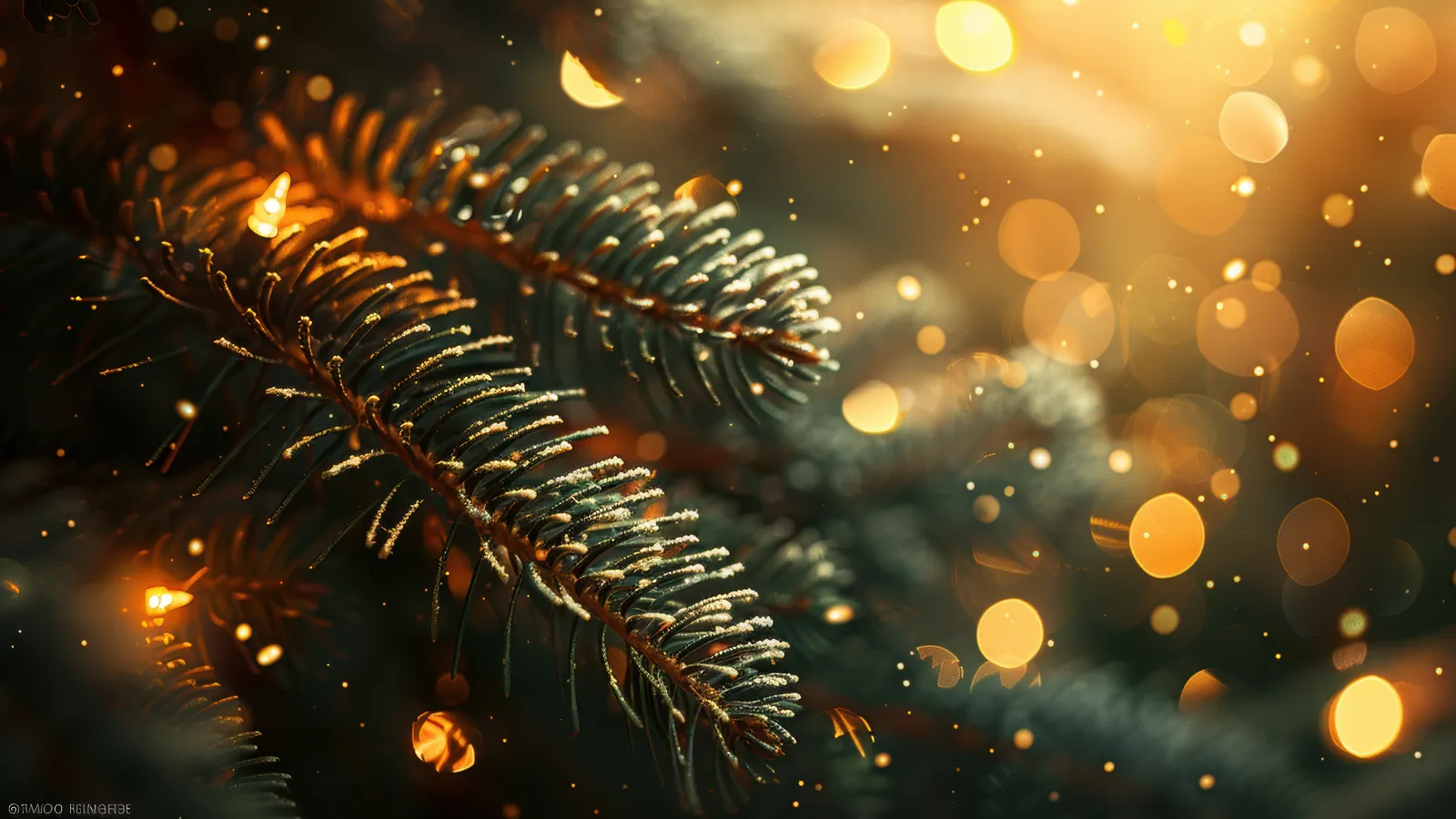 closeup of spruce branches decorated with gold lights in the snow