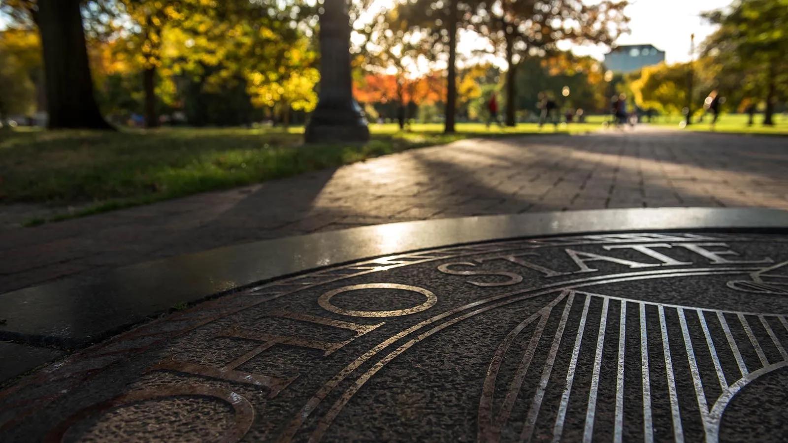 Ohio State seal inlay at east end of oval walkway
