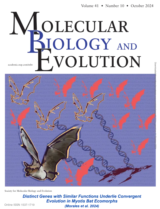 Molecular Biology and Evolution cover with bat artwork. 