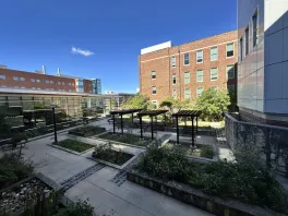 bird's eye view of Jennings courtyard with new furniture in September 2025